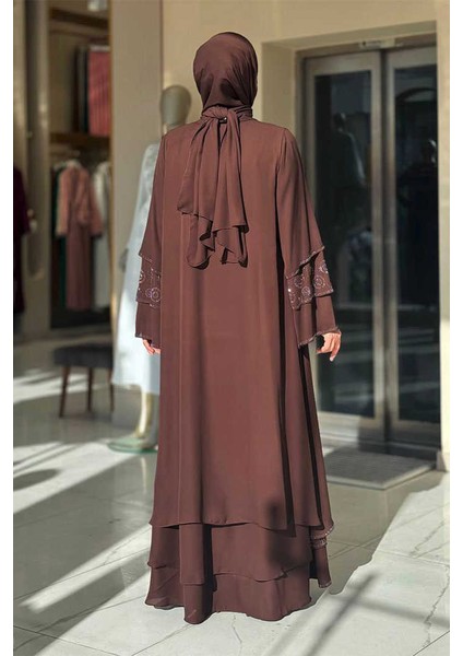 Taş Detaylı Şal ve Abaya Ikili Takım 70001 Kahverengi fiyatları