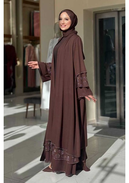 Taş Detaylı Şal ve Abaya Ikili Takım 70001 Kahverengi modelleri