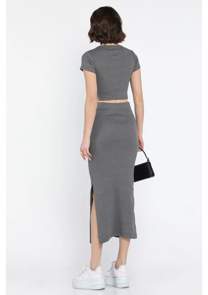 Bisklet Yaka Midi Boy Likralı Yırtmaçlı Kaşkorse Kadın Ikili Takım modelleri