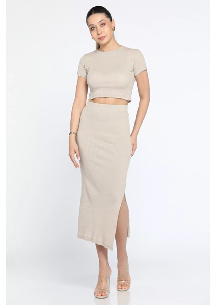 Bisklet Yaka Midi Boy Likralı Yırtmaçlı Kaşkorse Kadın Ikili Takım