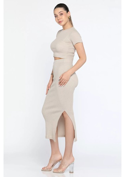 Bisklet Yaka Midi Boy Likralı Yırtmaçlı Kaşkorse Kadın Ikili Takım fiyatları