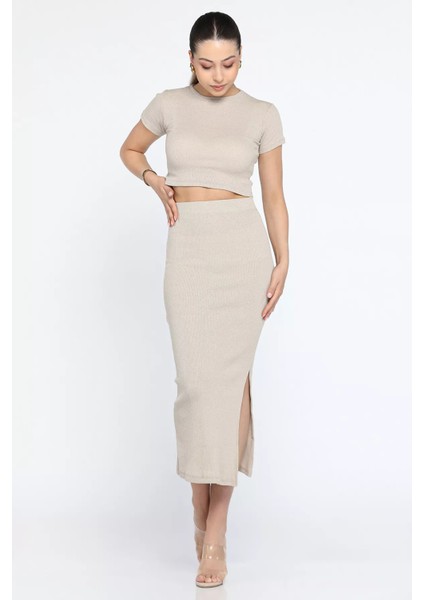 Bisklet Yaka Midi Boy Likralı Yırtmaçlı Kaşkorse Kadın Ikili Takım modelleri