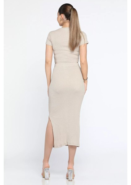 Bisklet Yaka Midi Boy Likralı Yırtmaçlı Kaşkorse Kadın Ikili Takım fırsatları