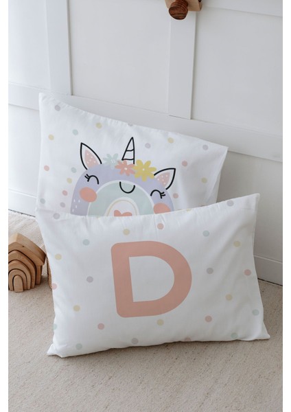 2'li Yastık Kılıfı (35X45) Somon Unicorn - Harf Serisi - D Harfi