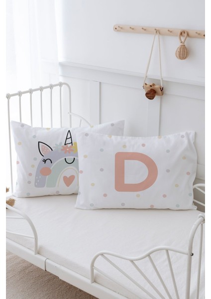 2'li Yastık Kılıfı (35X45) Somon Unicorn - Harf Serisi - D Harfi