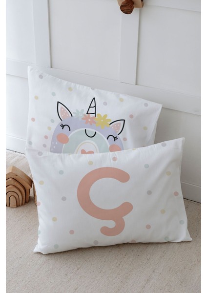 2'li Yastık Kılıfı (35X45) Somon Unicorn - Harf Serisi - Ç Harfi
