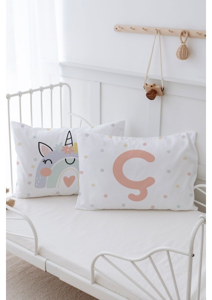 2'li Yastık Kılıfı (35X45) Somon Unicorn - Harf Serisi - Ç Harfi