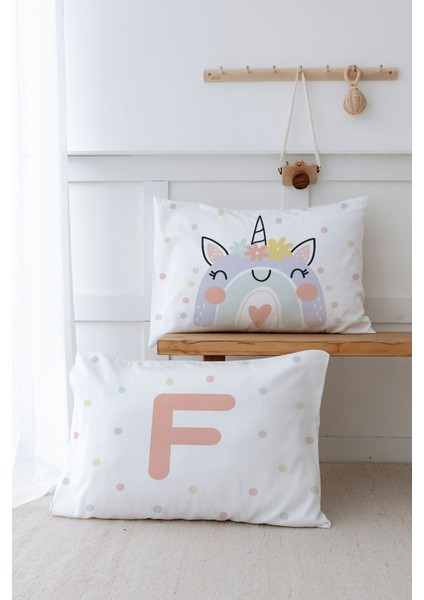 2'li Yastık Kılıfı (50X70) Somon Unicorn - Harf Serisi - F Harfi