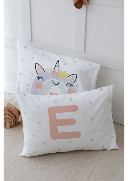 2'li Yastık Kılıfı (35X45) Somon Unicorn - Harf Serisi - E Harfi