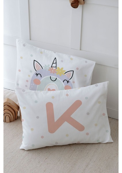 2'li Yastık Kılıfı (35X45) Somon Unicorn - Harf Serisi - K Harfi