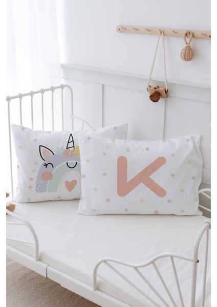 2'li Yastık Kılıfı (35X45) Somon Unicorn - Harf Serisi - K Harfi