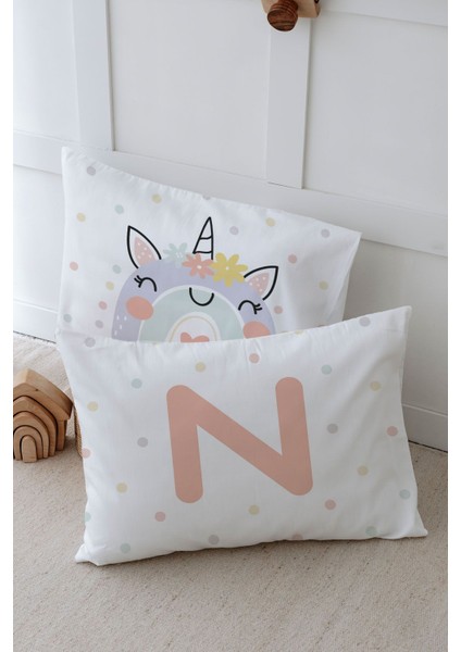 2'li Yastık Kılıfı (35X45) Somon Unicorn - Harf Serisi - N Harfi