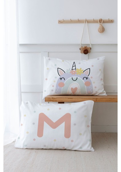 2'li Yastık Kılıfı (50X70) Somon Unicorn - Harf Serisi - M Harfi