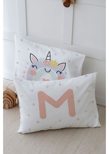 2'li Yastık Kılıfı (50X70) Somon Unicorn - Harf Serisi - M Harfi