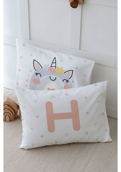 2'li Yastık Kılıfı (50X70) Somon Unicorn - Harf Serisi - H Harfi