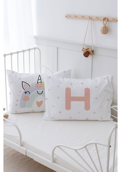 2'li Yastık Kılıfı (50X70) Somon Unicorn - Harf Serisi - H Harfi