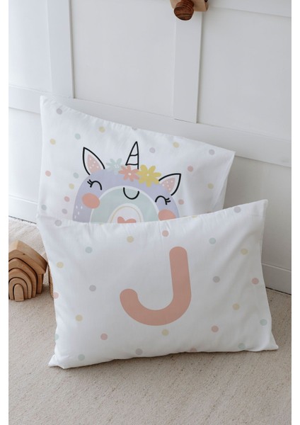 2'li Yastık Kılıfı (50X70) Somon Unicorn - Harf Serisi - J Harfi