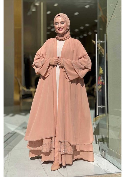 Taş Detaylı Şal ve Abaya Ikili Takım 70001 Taba
