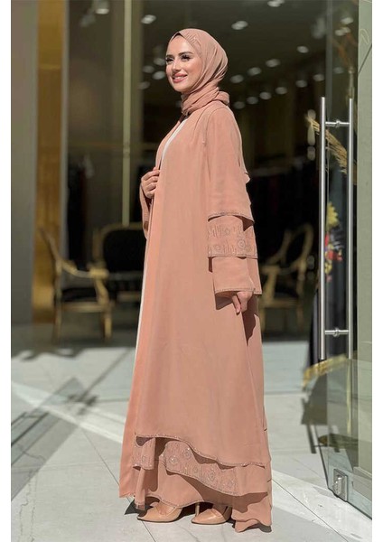 Taş Detaylı Şal ve Abaya Ikili Takım 70001 Taba modelleri