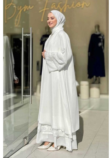 Taş Detaylı Şal ve Abaya Ikili Takım 70001 Ekru modelleri