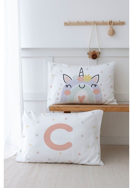 2'li Yastık Kılıfı (50X70) Somon Unicorn - Harf Serisi - C Harfi