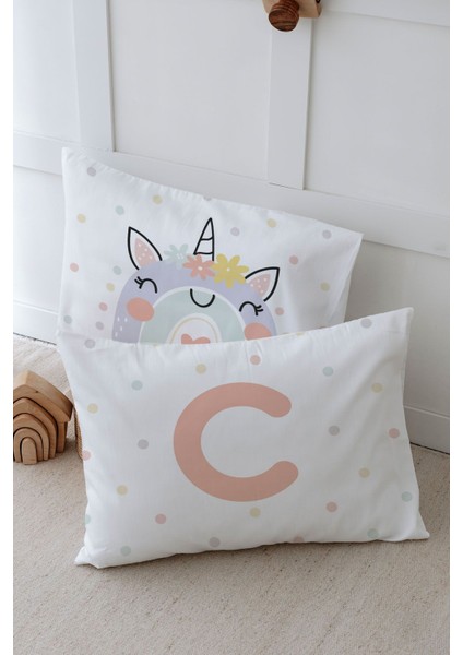 2'li Yastık Kılıfı (50X70) Somon Unicorn - Harf Serisi - C Harfi