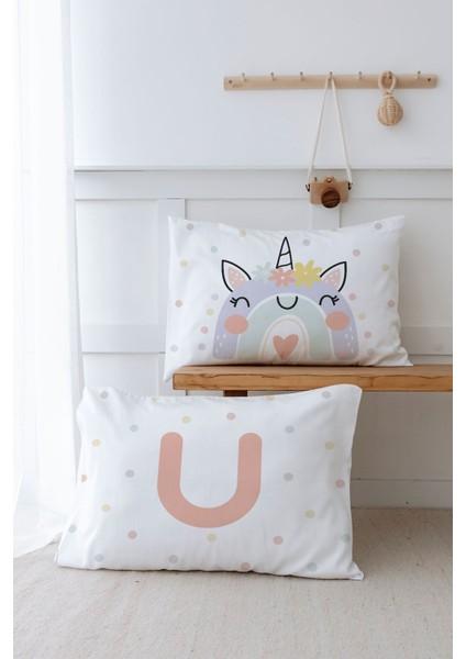 2'li Yastık Kılıfı (50X70) Somon Unicorn - Harf Serisi - Ü Harfi