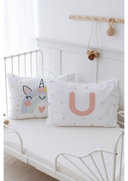 2'li Yastık Kılıfı (50X70) Somon Unicorn - Harf Serisi - Ü Harfi
