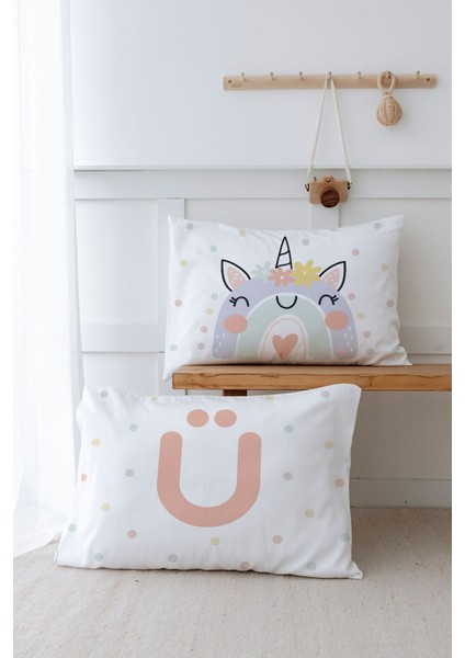 2'li Yastık Kılıfı (35X45) Somon Unicorn - Harf Serisi - Ü Harfi