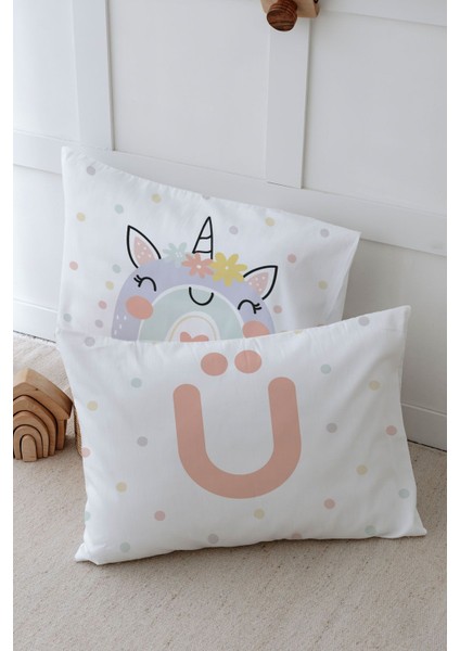 2'li Yastık Kılıfı (35X45) Somon Unicorn - Harf Serisi - Ü Harfi
