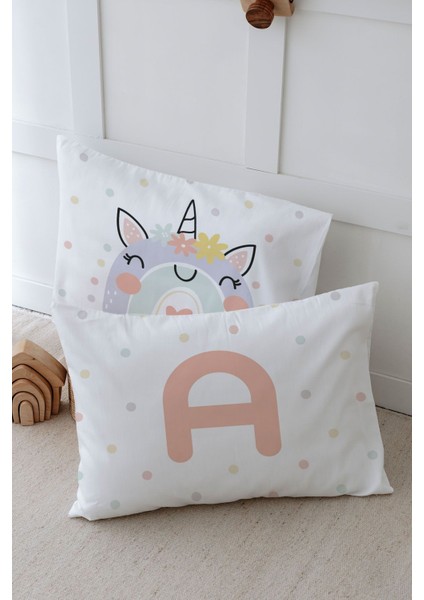 2'li Yastık Kılıfı (35X45) Somon Unicorn - Harf Serisi - A Harfi