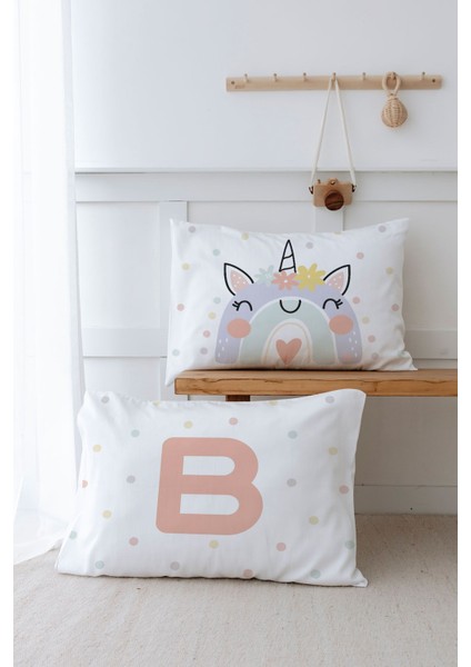 2'li Yastık Kılıfı (35X45) Somon Unicorn - Harf Serisi - B Harfi