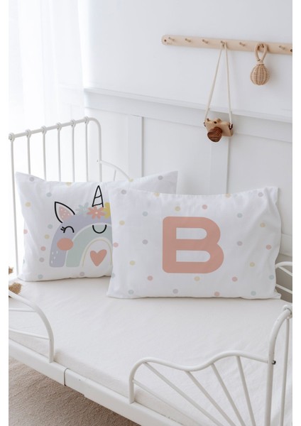 2'li Yastık Kılıfı (35X45) Somon Unicorn - Harf Serisi - B Harfi