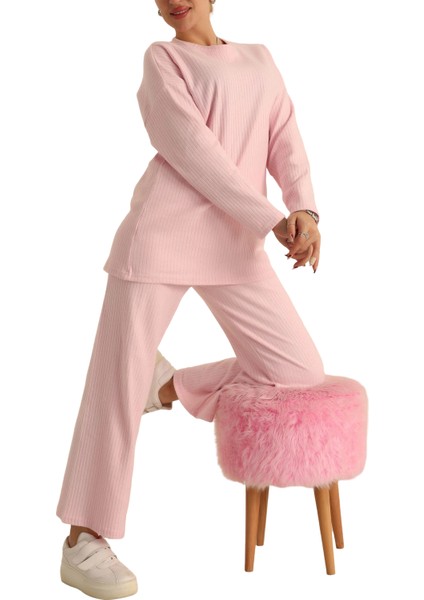 Pembe Interlok Şardon Dokulu Ev Giyim Ikili Takım