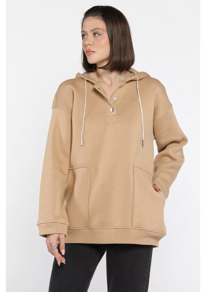 Kadın Çift Cepli Kapüşonlu Üç Iplik Şardonlu Sweatshirt