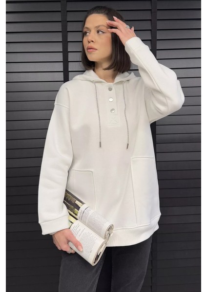 Kadın Çift Cepli Kapüşonlu Üç Iplik Şardonlu Sweatshirt