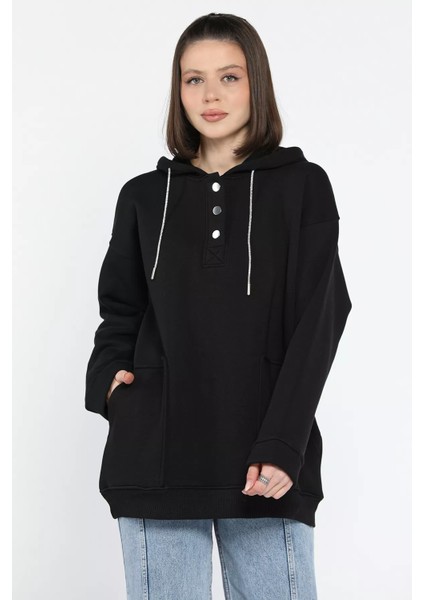 Kadın Çift Cepli Kapüşonlu Üç Iplik Şardonlu Sweatshirt