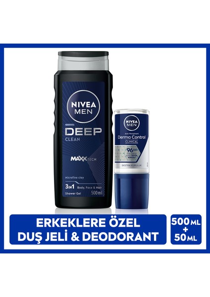 MEN Erkek Deep Dimension Duş Jeli 500ml ve Roll-on Deodorant Derma Control Clinical 50ml,Ter Koruma