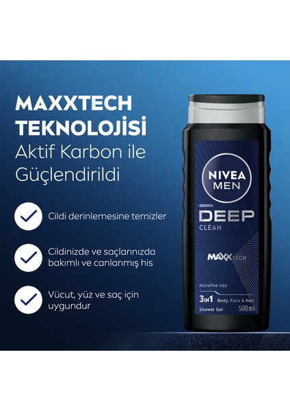 MEN Erkek Deep Dimension Duş Jeli 500ml ve Roll-on Deodorant Derma Control Clinical 50ml,Ter Koruma