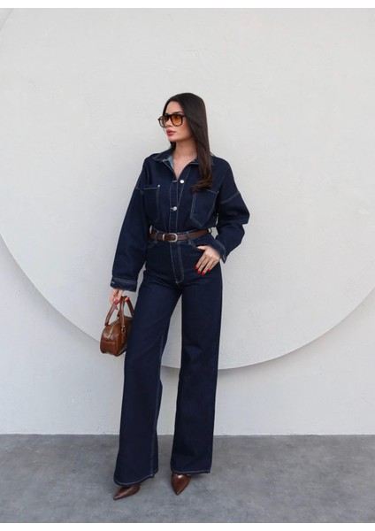 Önü Düğmeli Cepli Oversize Kot Takım