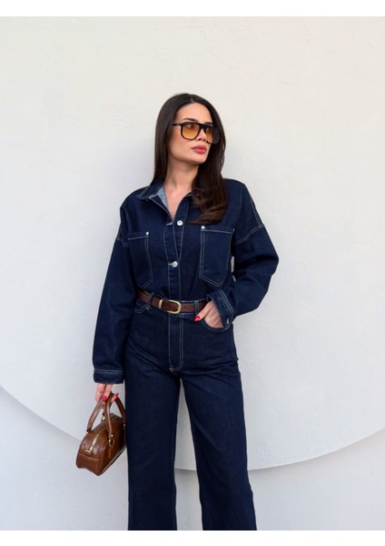Önü Düğmeli Cepli Oversize Kot Takım
