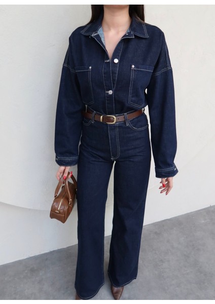 Önü Düğmeli Cepli Oversize Kot Takım