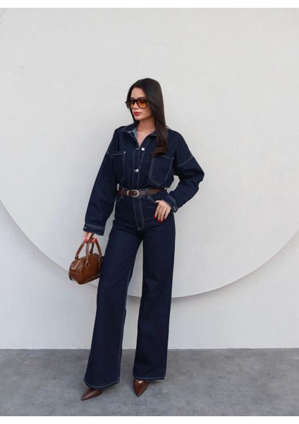 Önü Düğmeli Cepli Oversize Kot Takım