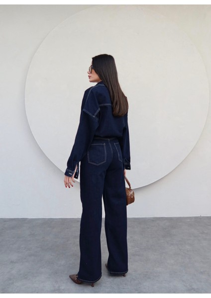 Önü Düğmeli Cepli Oversize Kot Takım