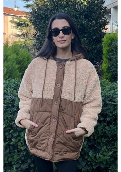 Peluşlu Damla Desen Kapitone Mont