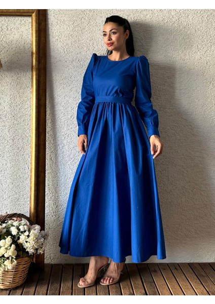 Tesettür Saks Mavisi Poplin Kloş Elbise