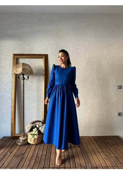 Tesettür Saks Mavisi Poplin Kloş Elbise