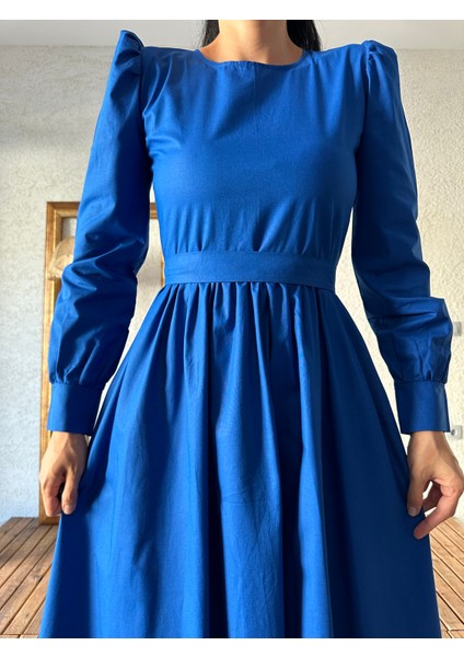 Tesettür Saks Mavisi Poplin Kloş Elbise