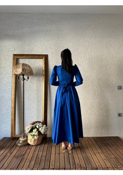 Tesettür Saks Mavisi Poplin Kloş Elbise