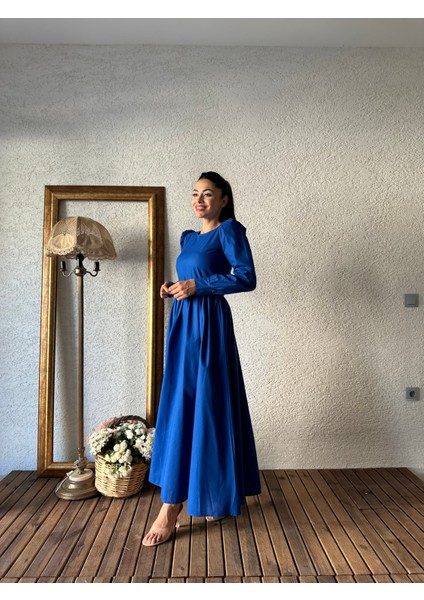 Tesettür Saks Mavisi Poplin Kloş Elbise